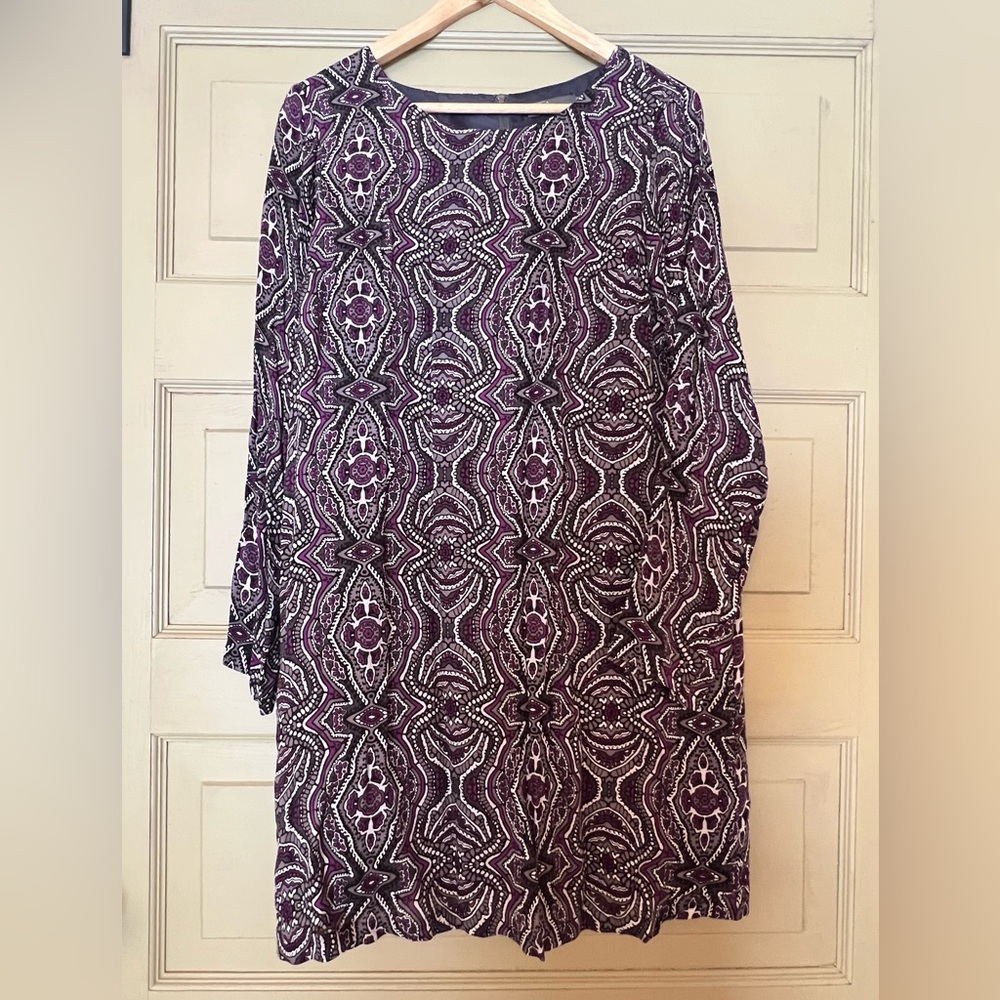PrAna large purple paisley grey damask shift dress large lined long sleeved boho